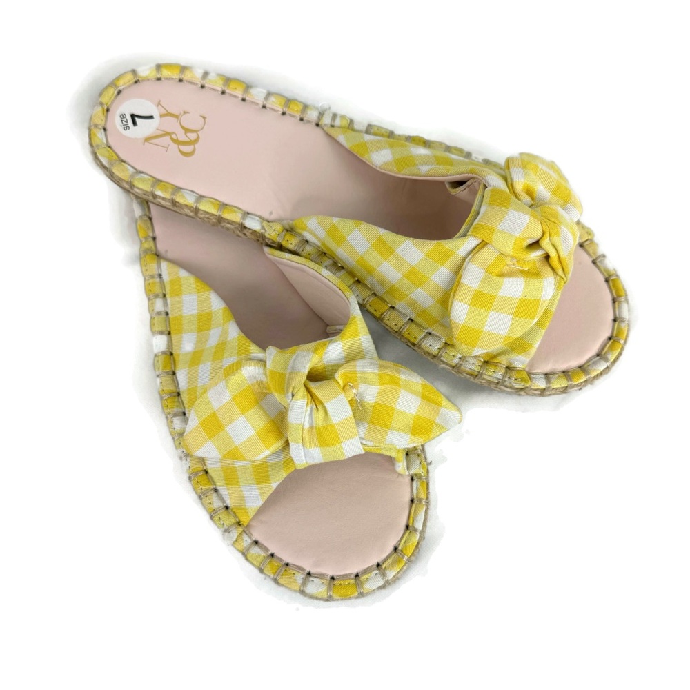 NY&C Kamari Slide Yellow and White Checkered Print with Bow Rubber Bottom SZ 7